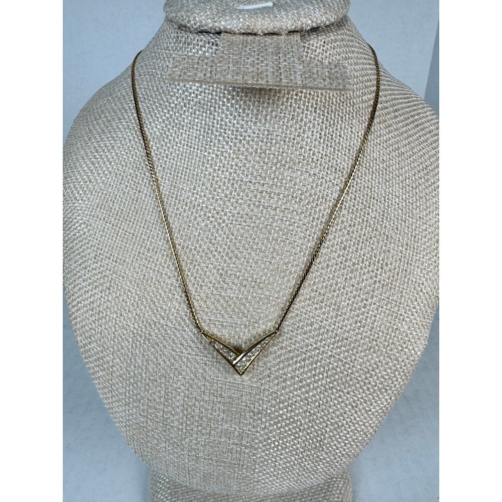Christian Dior Gold Tone Chevron V Necklace Clear Crystal CD Charm - Picture 2 of 6
